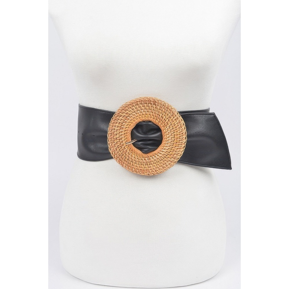 Wide Waist Belt Women OS Black Woven Straw Rattan Buckle